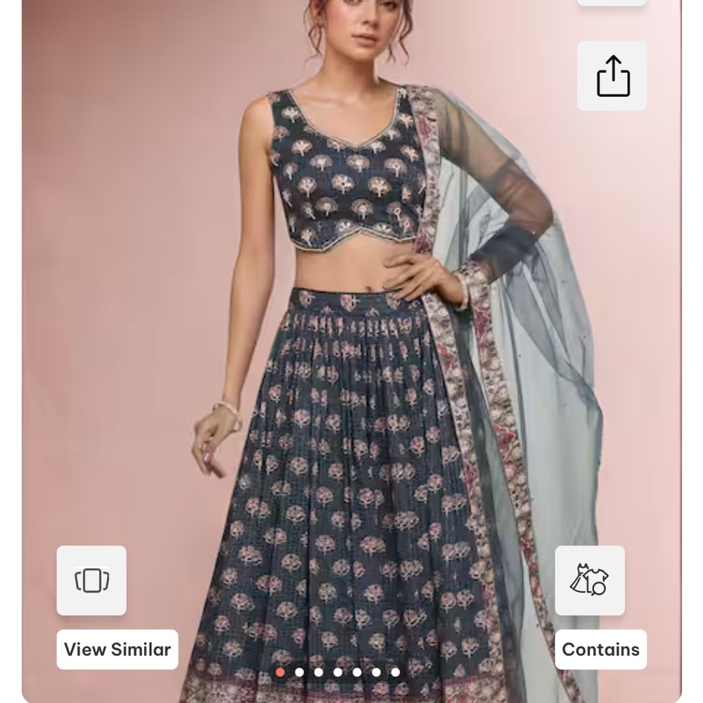 Printed Navy Blue Lehenga Choli with Sheer Dupatta
